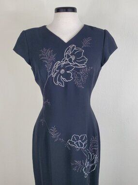 Maggy London Womens Black Floral Maxi Sheath Dress Size 8 Side Split ~ Dry Clean